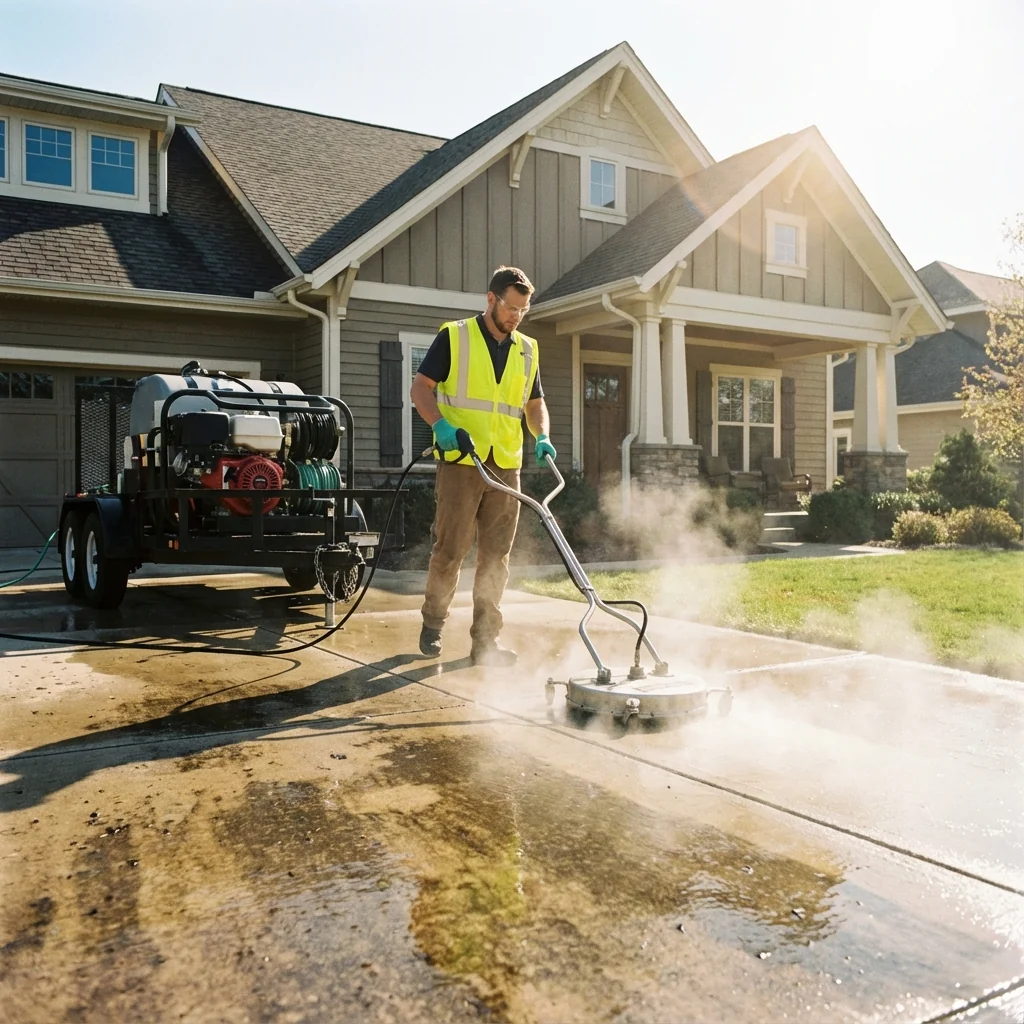 Professional pressure washing of a driveway
